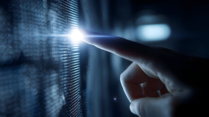 Close-up of a finger pointing at a glowing light spot on a futuristic display