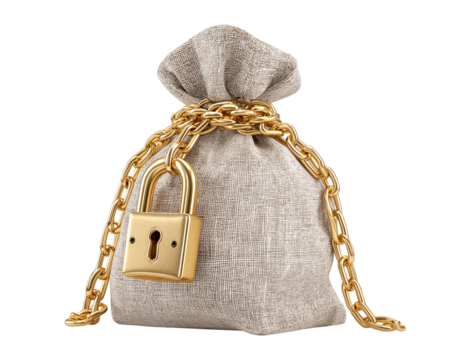 3D icon of money bag with a golden lock and chain isolated on a transparent background - Powered by Adobe