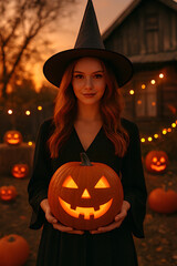 Young woman in witch costume holding glowing jack-o-lantern outdoors at dusk