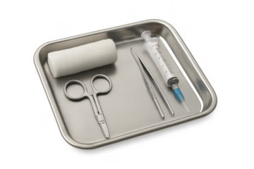 Surgical instruments lying on metal tray with transparent background