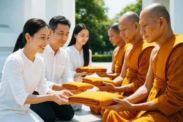 People making offerings to Buddhist monks during a traditional ceremony outdoors in bright natural light, showing respect and cultural devotion. Ai generative