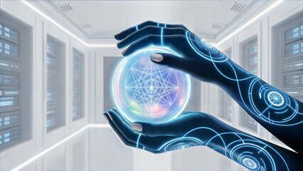 Futuristic hands with a glowing user interface holding a digital globe with network connections in a modern data center, representing global technology and AI.