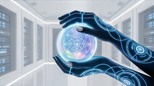 Futuristic hands with a glowing user interface holding a digital globe with network connections in a modern data center, representing global technology and AI.