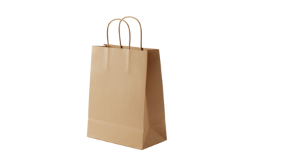 Pristine, empty, brown kraft paper shopping bag with twisted handles against a transparent studio background and soft lighting, symbolizing sustainable commerce
