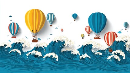 Fototapeta premium Colorful hot air balloons over crashing waves