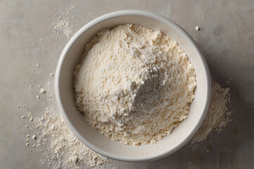 White ceramic bowl filled with light beige flour white bowl baking