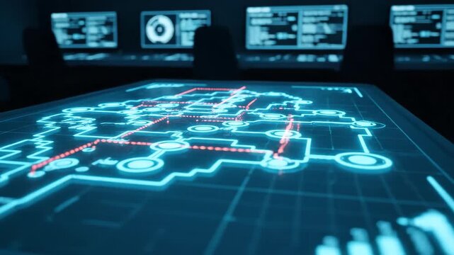 Cyber attack map displayed on a high-tech surface in a control room