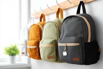 Three backpacks on hooks with customizable name tag, crisp studio lighting and clean white background