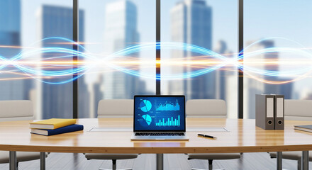 Global Business Data Flow and Digital Analytics in Modern Conference Room