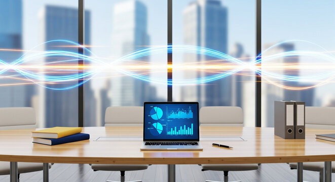 Global Business Data Flow and Digital Analytics in Modern Conference Room