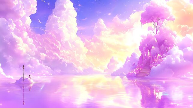 An ethereal scenic fantasy painting showing a dreamy landscape with clouds