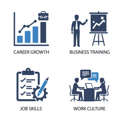 Icons depicting career growth, business training, job skills and work culture development themes shown