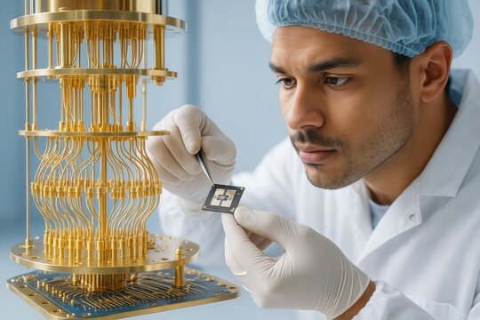 Scientist examining quantum computer chip near superconducting processor in lab environment with focus on future technology concept. Ai generative