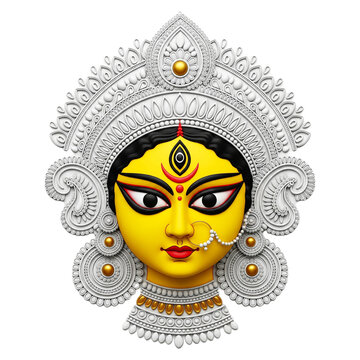 Hindu festival Durga puja, goddess Durga yellow face and white ornament