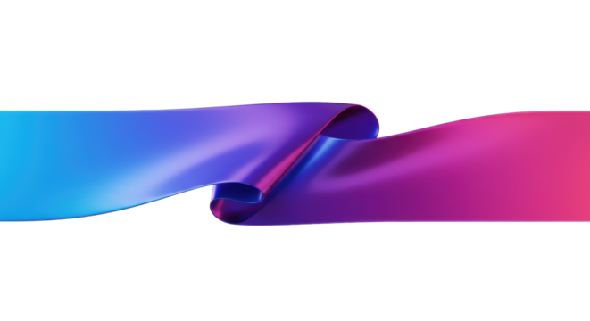Sleek abstract digital ribbon, metallic-iridescent, vibrant blue-purple gradient, centrally folded with 3D depth, isolated on white, digital innovation and transformation concept