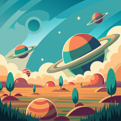 A colorful space scene with a large planet in the middle and several smaller planets surrounding it. The sky is blue and there are mountains in the background