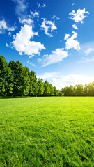 Obraz premium Lush green field under a vibrant blue sky, dotted with fluffy white clouds and lined with trees