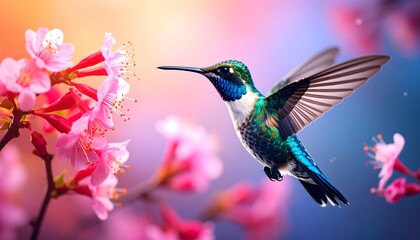 Fototapeta premium Hummingbird feeding from pink blossoms mid-air