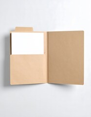 Open brown file folder with a blank white document in the pocket, isolated on a plain background. Office organization and paperwork concept.