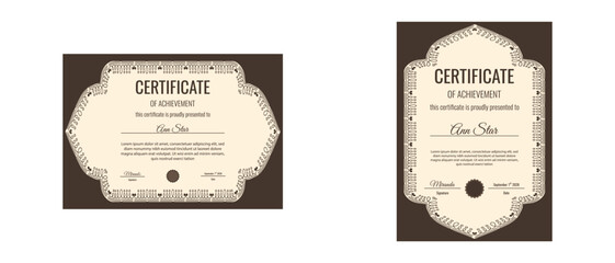 Iranian. Eslimi tazhib stylish Certificate. Vector horizontal and vertical Certificate with Iranian style text box frame isolated transparent background. Arabian Certificate diploma award layout set. 