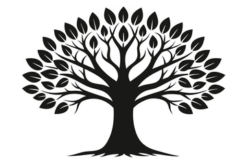 Stylized silhouette of a majestic tree with dark leaves and visible roots