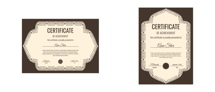 Iranian. Eslimi tazhib stylish Certificate. Vector horizontal and vertical Certificate with Iranian style text box frame isolated transparent background. Arabian Certificate diploma award layout set. 