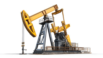Oil pumpjack working with moving parts visible, isolated on white background.