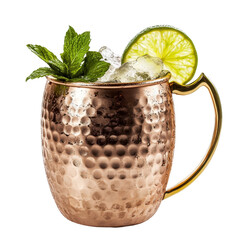 Refreshing Moscow Mule in Copper Mug Ice Mint Lime, isolated on a transparent background