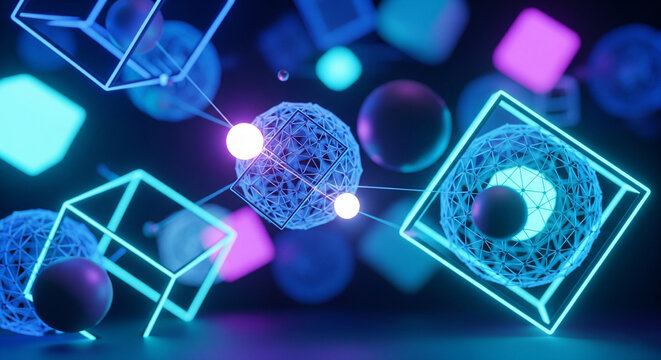 Abstract Neon Geometric Shapes: Digital Future Technology Concept - Powered by Adobe