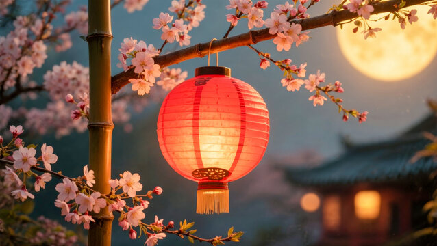 Red lantern hanging on cherry blossom tree during full moon night in traditional asian garden, Mid-Autumn Festival celebrate