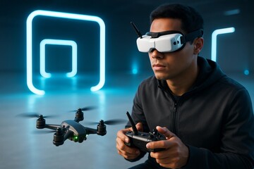 Man piloting FPV drone with VR goggles in neon-lit indoor space, focusing on competitive drone racing sport concept with futuristic background light. Ai generative