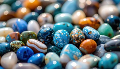 Colorful Gemstones: A mesmerizing array of polished gemstones with captivating colors and textures, illuminated with soft light, offers a glimpse into the Earth's exquisite mineral wealth.