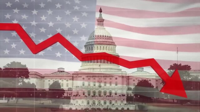 Economic Recession Red Arrow Falling in Front of the Usa Capital Building with American Flag