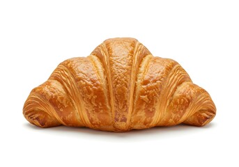A single golden brown croissant isolated on a white background with a flaky texture