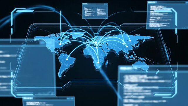 Dynamic cyber attack map displaying global data transfers and threats