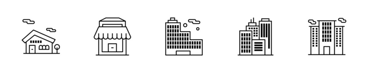 Urban Architecture Line Icons – Minimalist Vector Buildings for City Planning & Real Estate Design