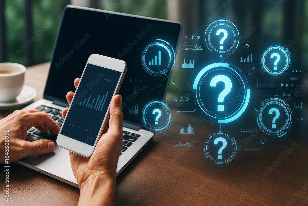 Wall mural businessman using smartphone and laptop with futuristic question mark icons and data charts in blue 