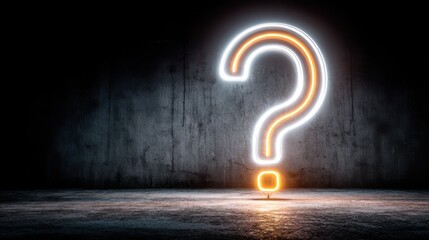 Glowing neon question mark on a dark concrete wall, a surreal minimalist design symbolizing mystery, curiosity, problem-solving, and the search for answers