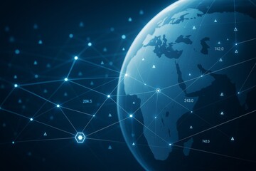 Digital globe with connected nodes and data points illustrating futuristic global network technology on dark background with glowing light lines concept.