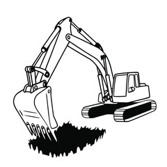 Simple line art illustration of a powerful excavator digging into the soil. Black and white outline of heavy machinery used in construction.