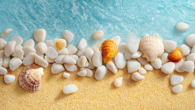White pebbles and seashells arranged on pale sand against a light blue, water-like background - Powered by Adobe