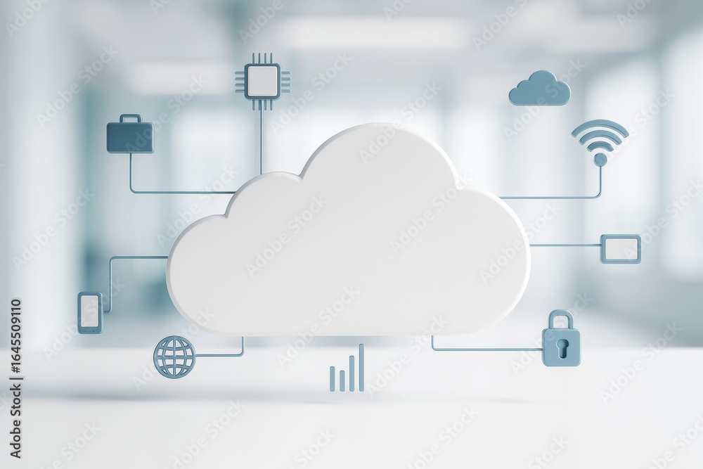 Wall mural cloud computing concept with digital icons connecting to central cloud on light abstract background,