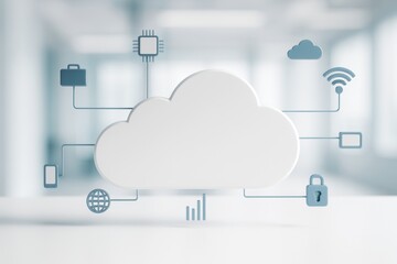 Cloud computing concept with digital icons connecting to central cloud on light abstract background, symbolizing modern digital technology systems.