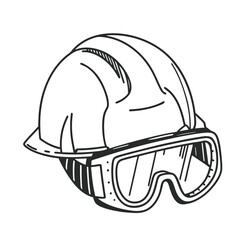 Black and white line drawing of a construction hard hat with safety goggles. Hand drawn sketch illustration of personal protective equipment.
