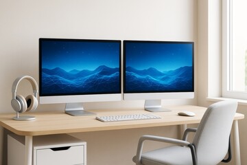 Fototapeta premium Modern dual monitor setup with abstract blue digital landscape on screens in bright minimal office environment. Ai generative.