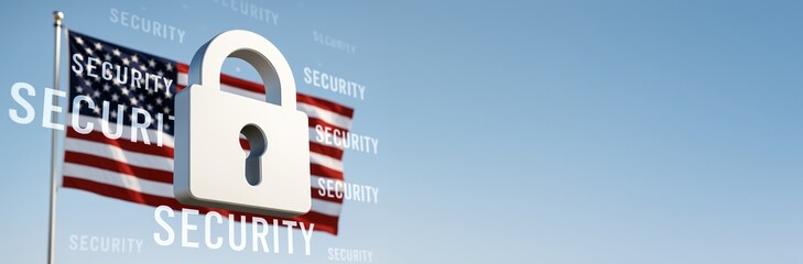 Cybersecurity concept with padlock icon and text over American flag on blue sky background for technology and business promotion purposes.