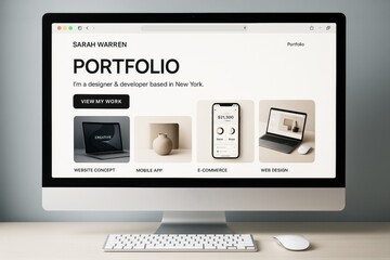 Modern website portfolio mockup displayed on desktop computer screen with clean layout and minimalist design concept for creative presentation. Ai generative