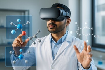Scientist using virtual reality headset to interact with molecular structures in futuristic lab environment with creative digital technology interface. Ai generative