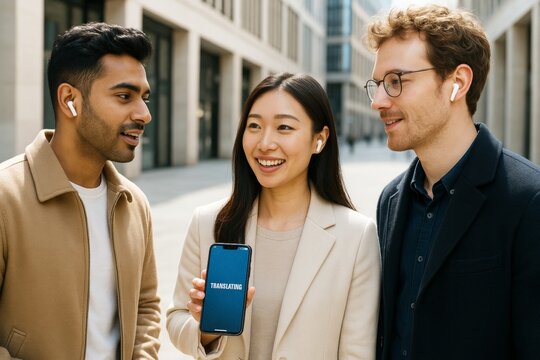 Group of diverse young adults using translation app on smartphone, showcasing modern communication technology in bright urban background. Ai generative
