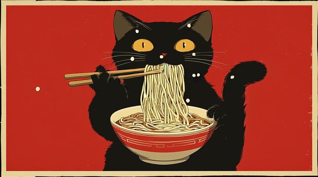 Hungry Cat Slurping Ramen With Chopsticks, Funny Japanese Food Art